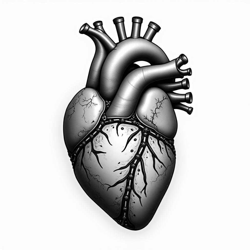 Anatomical hearttattoo in biomechanic style, the tattoo covered by robotic elements of futuristic cyberpunk design, robotic features detail, showcasing intricate mechanical components - Variation 3