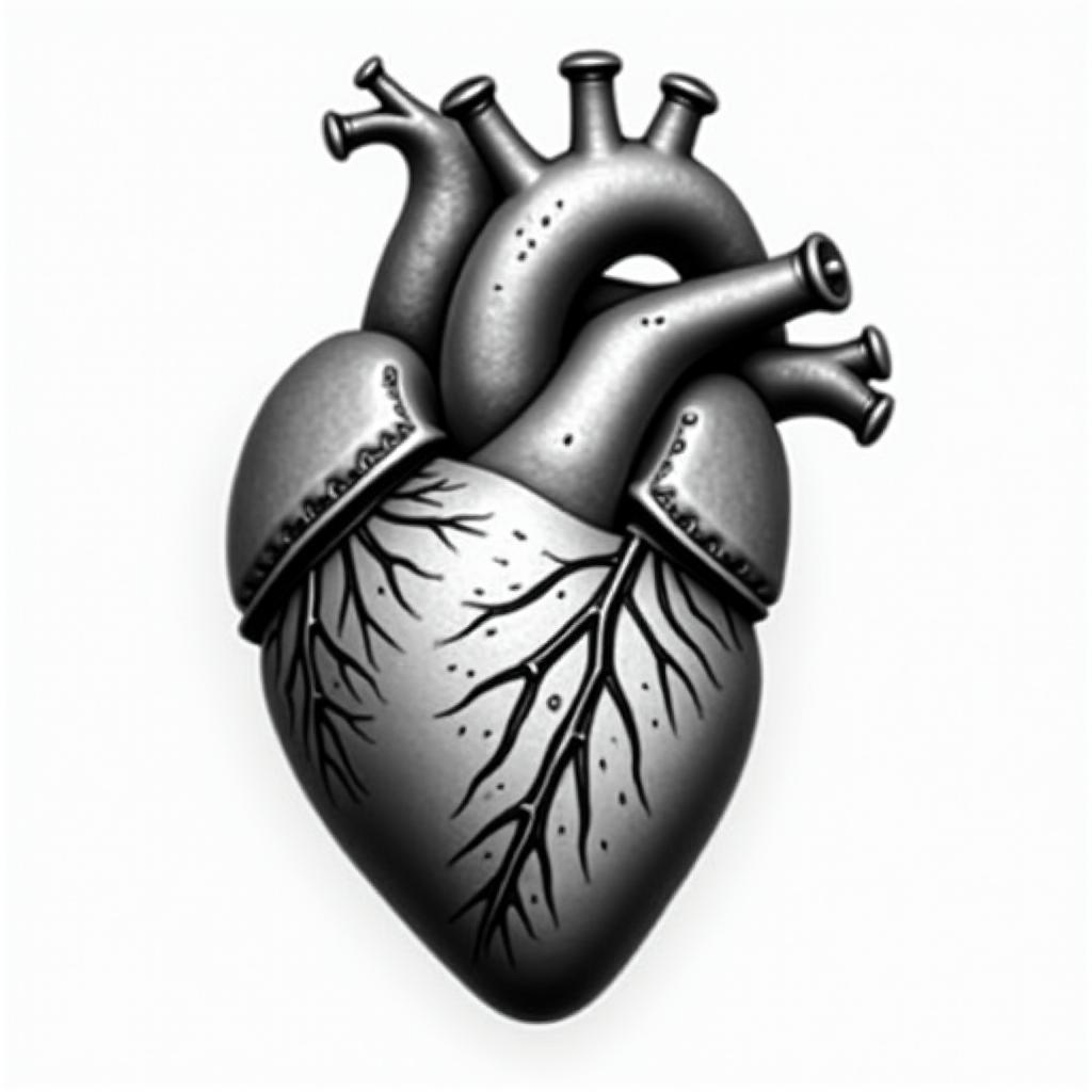 Anatomical hearttattoo in biomechanic style, the tattoo covered by robotic elements of futuristic cyberpunk design, robotic features detail, showcasing intricate mechanical components