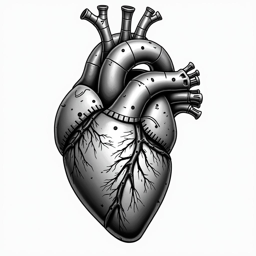 Anatomical hearttattoo in biomechanic style, the tattoo covered by robotic elements of futuristic cyberpunk design, robotic features detail, showcasing intricate mechanical components - Variation 4