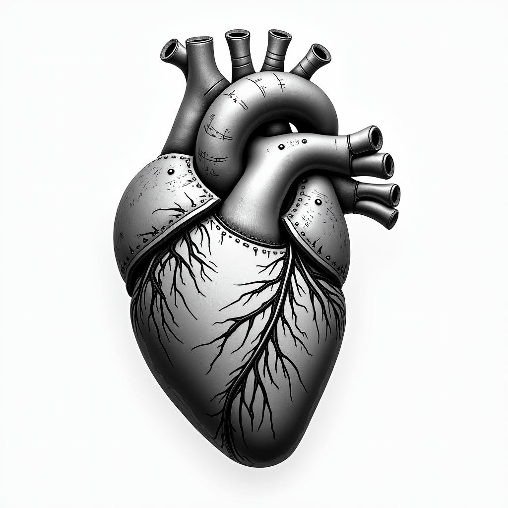 Anatomical hearttattoo in biomechanic style, the tattoo covered by robotic elements of futuristic cyberpunk design, robotic features detail, showcasing intricate mechanical components - Variation 2