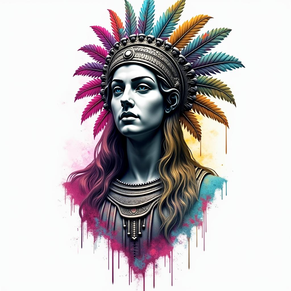 Aztec warrior princessin distorted and fragmented tattoo design, featuring a classical statue bust, in a glitch art style with vibrant, overlapping colors of cyan, magenta, and yellow, creating a digital distortion effect - Variation 2