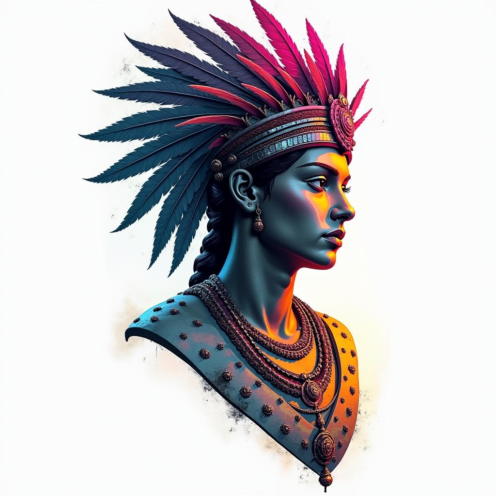 Aztec warrior princessin distorted and fragmented tattoo design, featuring a classical statue bust, in a glitch art style with vibrant, overlapping colors of cyan, magenta, and yellow, creating a digital distortion effect