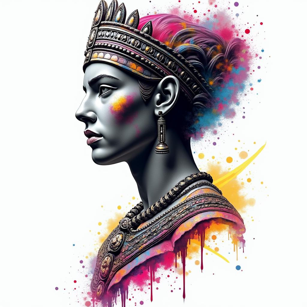 Aztec warrior princessin distorted and fragmented tattoo design, featuring a classical statue bust, in a glitch art style with vibrant, overlapping colors of cyan, magenta, and yellow, creating a digital distortion effect - Variation 3