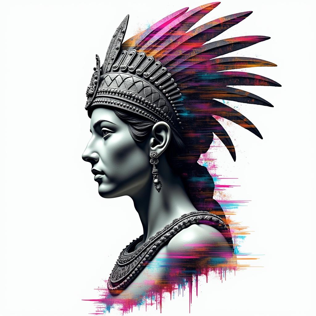 Aztec warrior princessin distorted and fragmented tattoo design, featuring a classical statue bust, in a glitch art style with vibrant, overlapping colors of cyan, magenta, and yellow, creating a digital distortion effect - Variation 4
