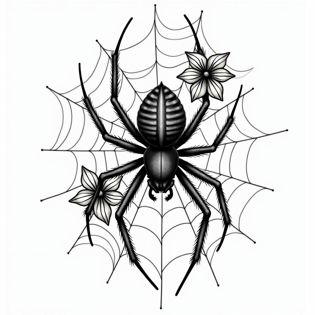 Small spider on web with flowers with stemin authentic tattoo style, incorporating traditional modifications, bold black outlines, solid color fills, featuring classic authentic elements - Variation 4