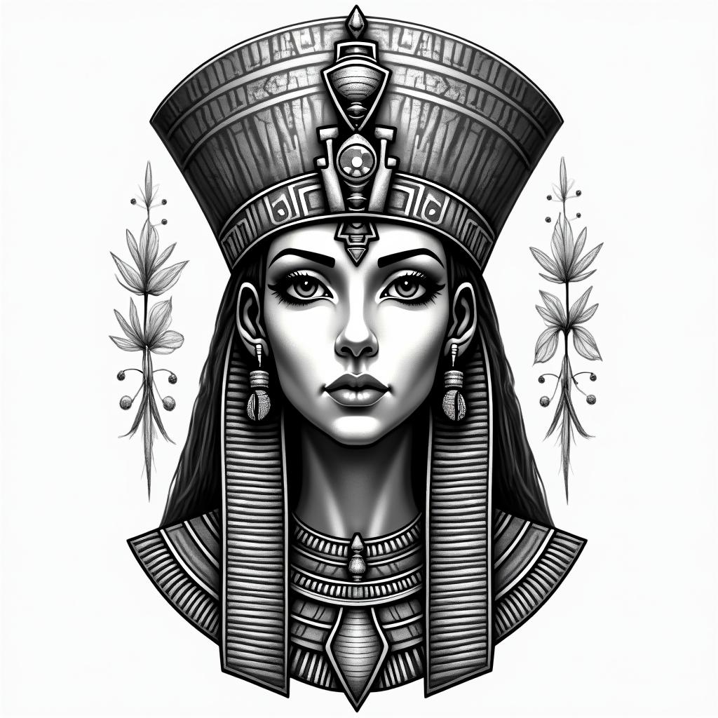 Aztec warrior princessin egyptian style tattoo, bold elements of ancient egyptian culture including a portrait of an Egyptian pharaoh with detailed facial features, in hieroglyphs and symbolic imagery, eye of horus, ankh symbol, scarab beetle - Variation 4
