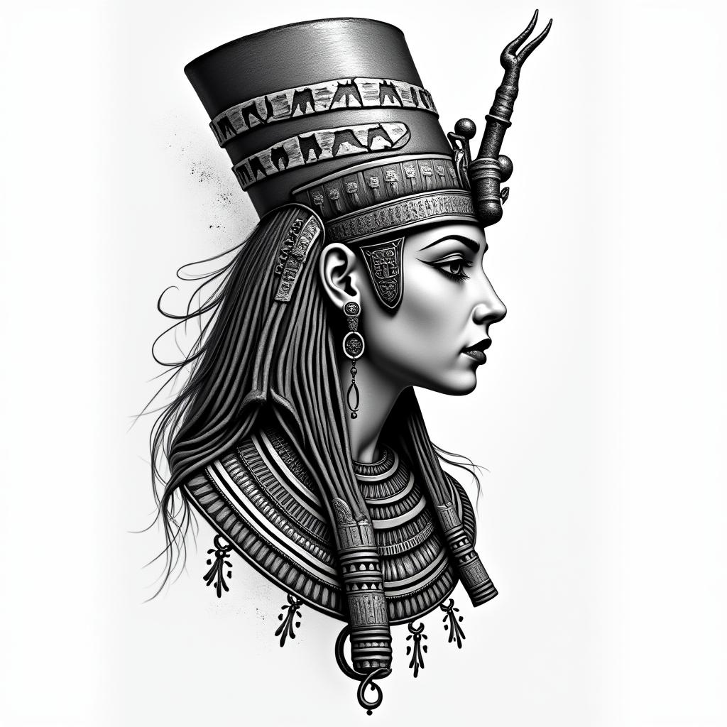 Aztec warrior princessin egyptian style tattoo, bold elements of ancient egyptian culture including a portrait of an Egyptian pharaoh with detailed facial features, in hieroglyphs and symbolic imagery, eye of horus, ankh symbol, scarab beetle - Variation 2