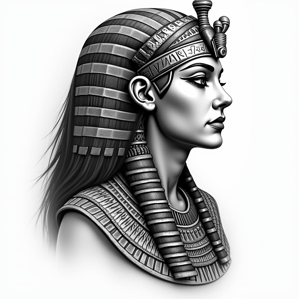 Aztec warrior princessin egyptian style tattoo, bold elements of ancient egyptian culture including a portrait of an Egyptian pharaoh with detailed facial features, in hieroglyphs and symbolic imagery, eye of horus, ankh symbol, scarab beetle - Variation 3