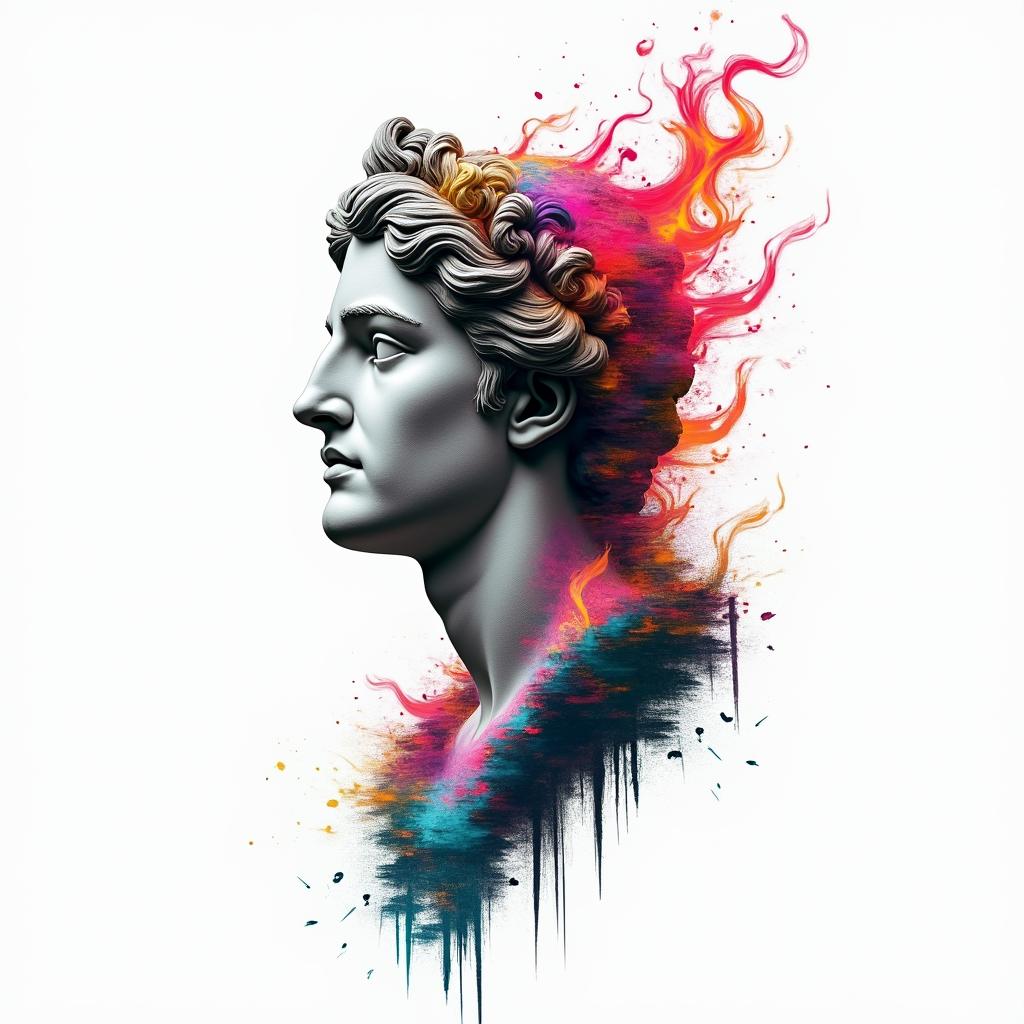 Flame outline backgroundin distorted and fragmented tattoo design, featuring a classical statue bust, in a glitch art style with vibrant, overlapping colors of cyan, magenta, and yellow, creating a digital distortion effect - Variation 3