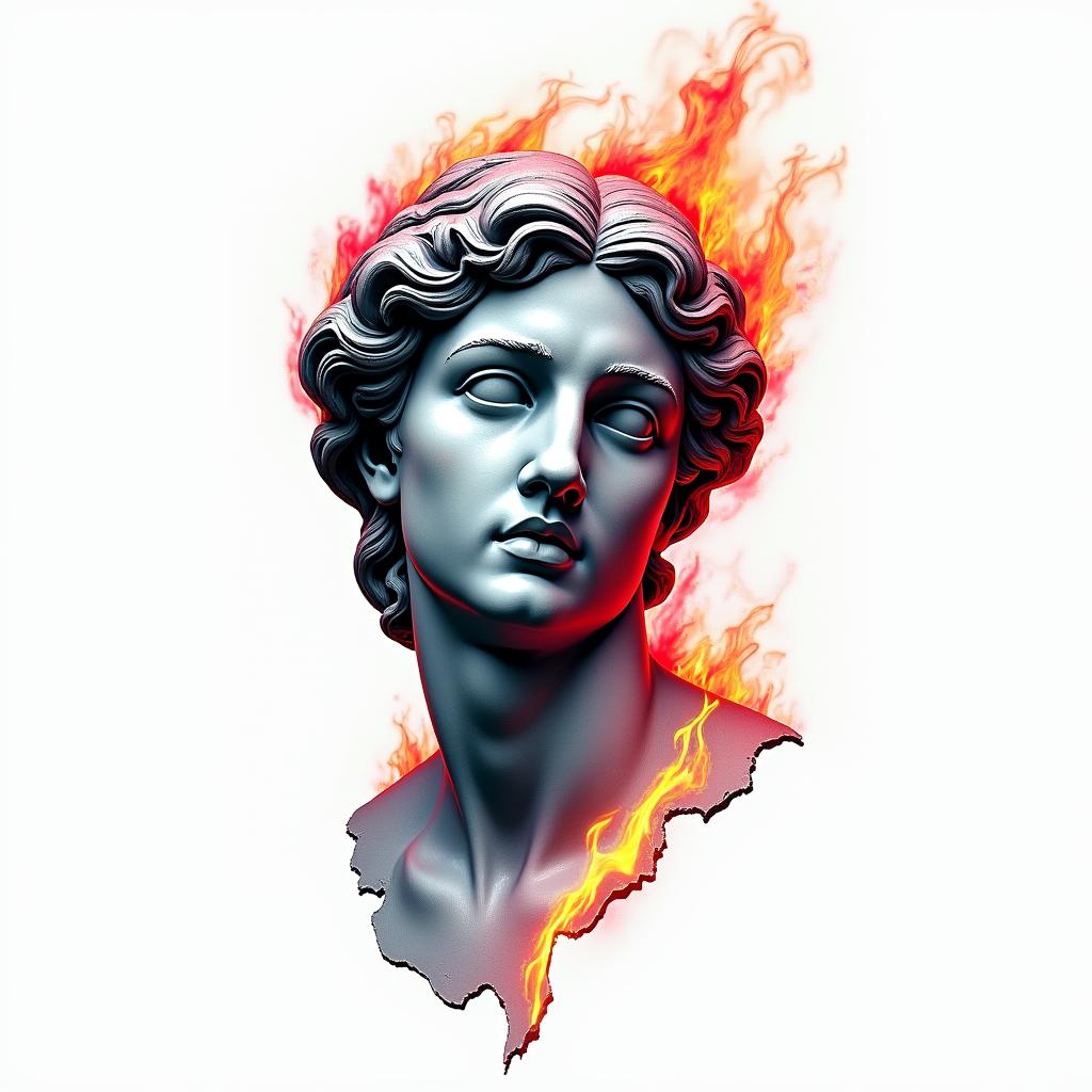 Flame outline backgroundin distorted and fragmented tattoo design, featuring a classical statue bust, in a glitch art style with vibrant, overlapping colors of cyan, magenta, and yellow, creating a digital distortion effect
