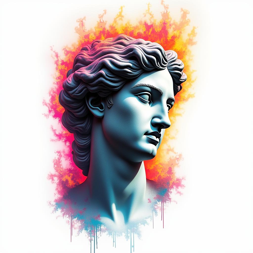 Flame outline backgroundin distorted and fragmented tattoo design, featuring a classical statue bust, in a glitch art style with vibrant, overlapping colors of cyan, magenta, and yellow, creating a digital distortion effect - Variation 4
