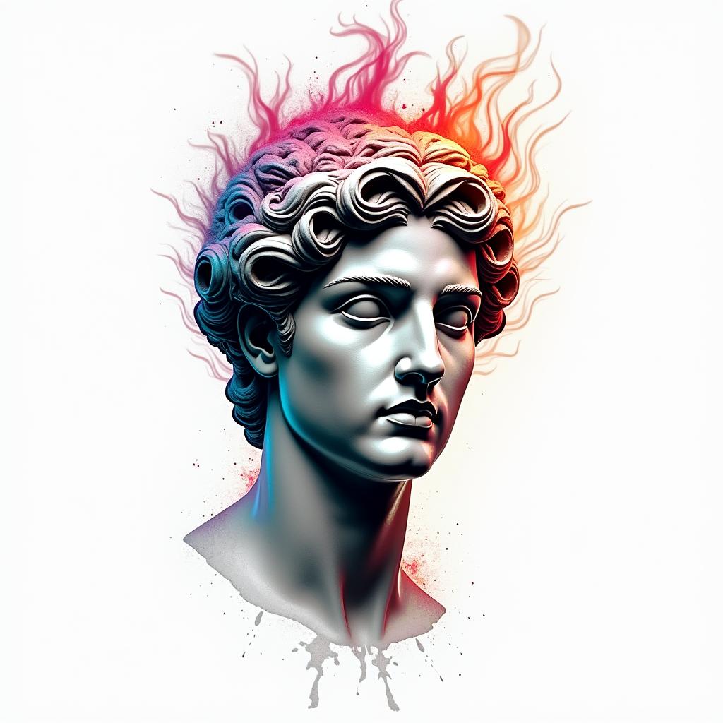 Flame outline backgroundin distorted and fragmented tattoo design, featuring a classical statue bust, in a glitch art style with vibrant, overlapping colors of cyan, magenta, and yellow, creating a digital distortion effect - Variation 2