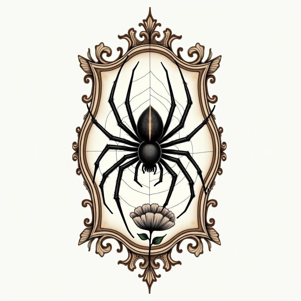 Small spider on web with flowers with stemin victorian style tattoo, featuring vintage and elegant elements, ornate frames, roses, antique, sepia-toned color scheme - Variation 1