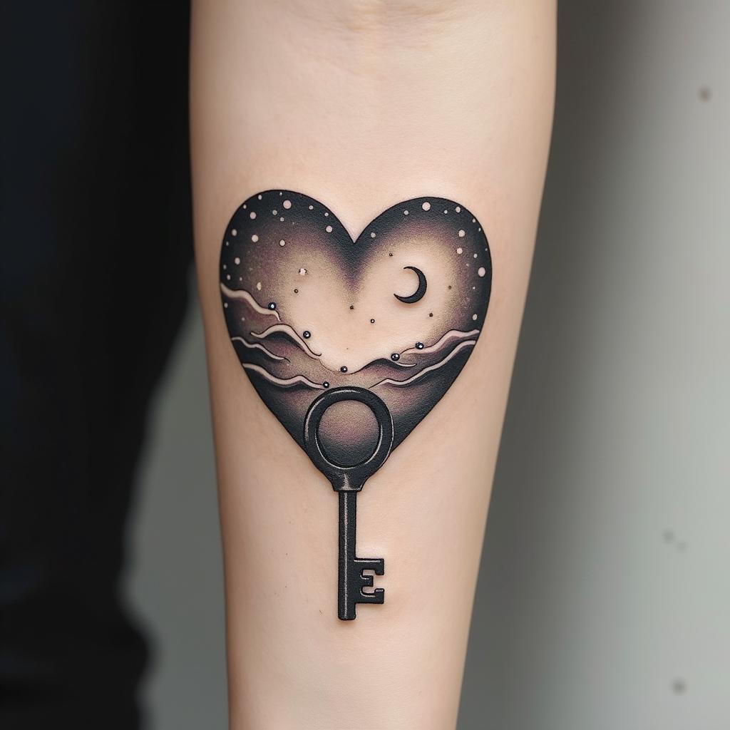 Small Matching Tattoos. A heart lock with the universe pattern(stars and planets) . A key with a crescent moon unlocking the lock shaped like a crescent moon. The word Nelle intertwined with the key.in Modest style tattoo, featuring soft, delicate line work with simple and meaningful symbols, gentle waves, a heart, evoking a sense of serenity and grace, - Variation 4