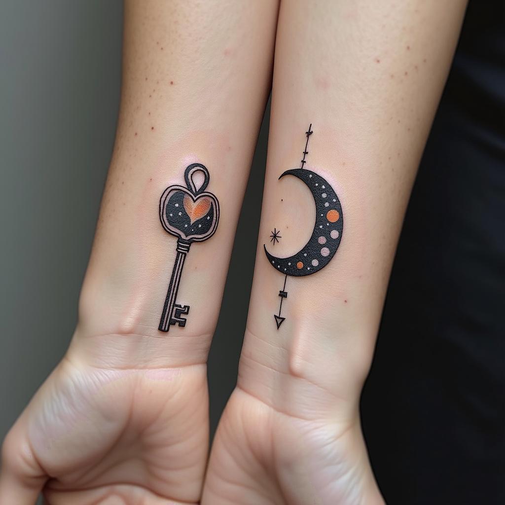 Small Matching Tattoos. A heart lock with the universe pattern(stars and planets) . A key with a crescent moon unlocking the lock shaped like a crescent moon. The word Nelle intertwined with the key.in Modest style tattoo, featuring soft, delicate line work with simple and meaningful symbols, gentle waves, a heart, evoking a sense of serenity and grace, - Variation 2