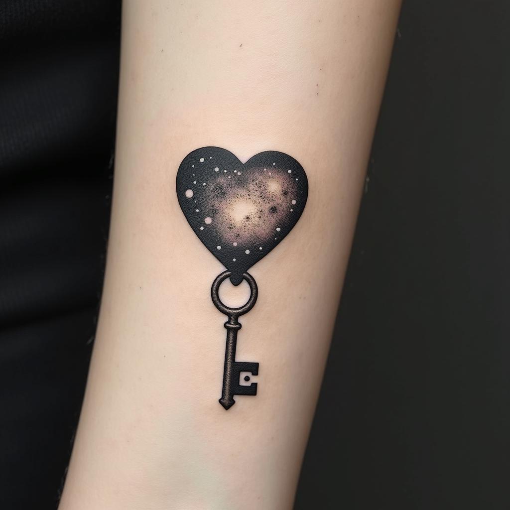 Small Matching Tattoos. A heart lock with the universe pattern(stars and planets) . A key with a crescent moon unlocking the lock shaped like a crescent moon. The word Nelle intertwined with the key.in Modest style tattoo, featuring soft, delicate line work with simple and meaningful symbols, gentle waves, a heart, evoking a sense of serenity and grace,