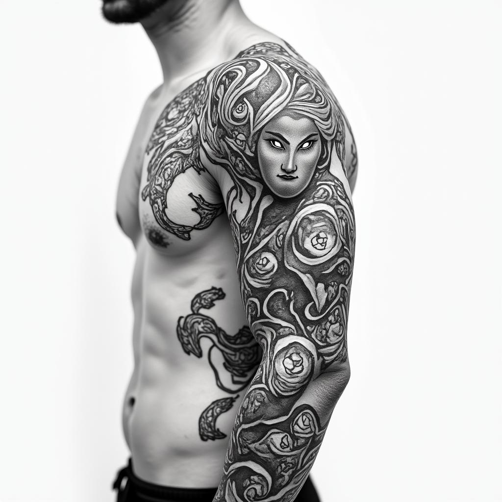 name "Abigail" pademin japanese style tattoo, detailed tattoo, traditional japanese culture tattoo, mythology, 8k