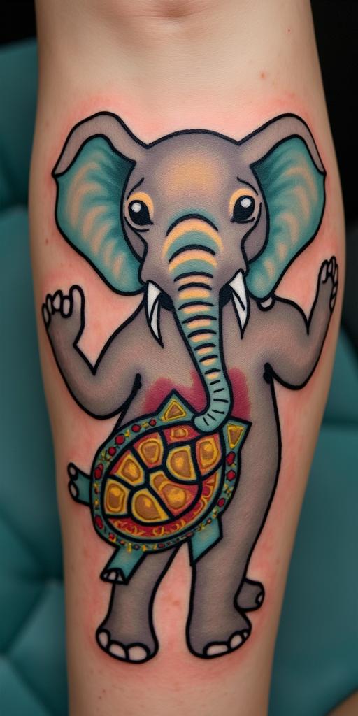 Combination of an elephant and a turtle in an ancestral and spiritual culture.abstract dancing figures in Keith Haring style, featuring bold black outlines and solid color fills, figures posed in dynamic and playful dance movements, minimalist design - Variation 3