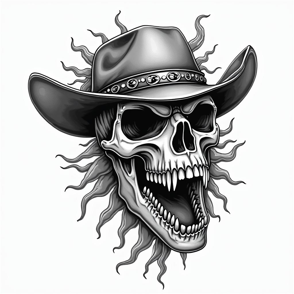 a t. rex skull western stylein authentic tattoo style, incorporating traditional modifications, bold black outlines, solid color fills, featuring classic authentic elements - Variation 3