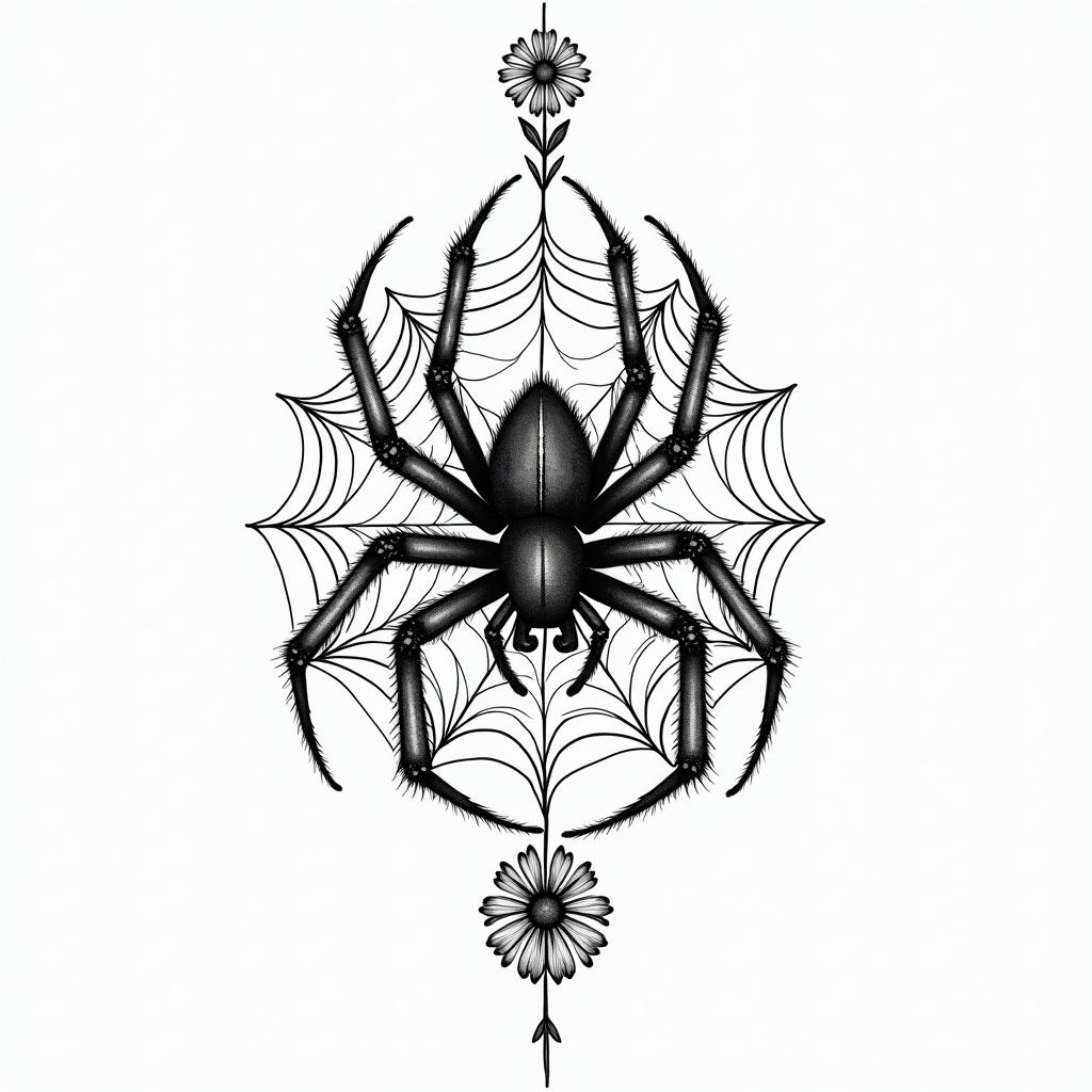 Small spider on web with flowers with stemin dotwork style tattoo, complex mandala patterns, interlocking geometric shapes with sharp symmetry, clean lines, sharp angles - Variation 16