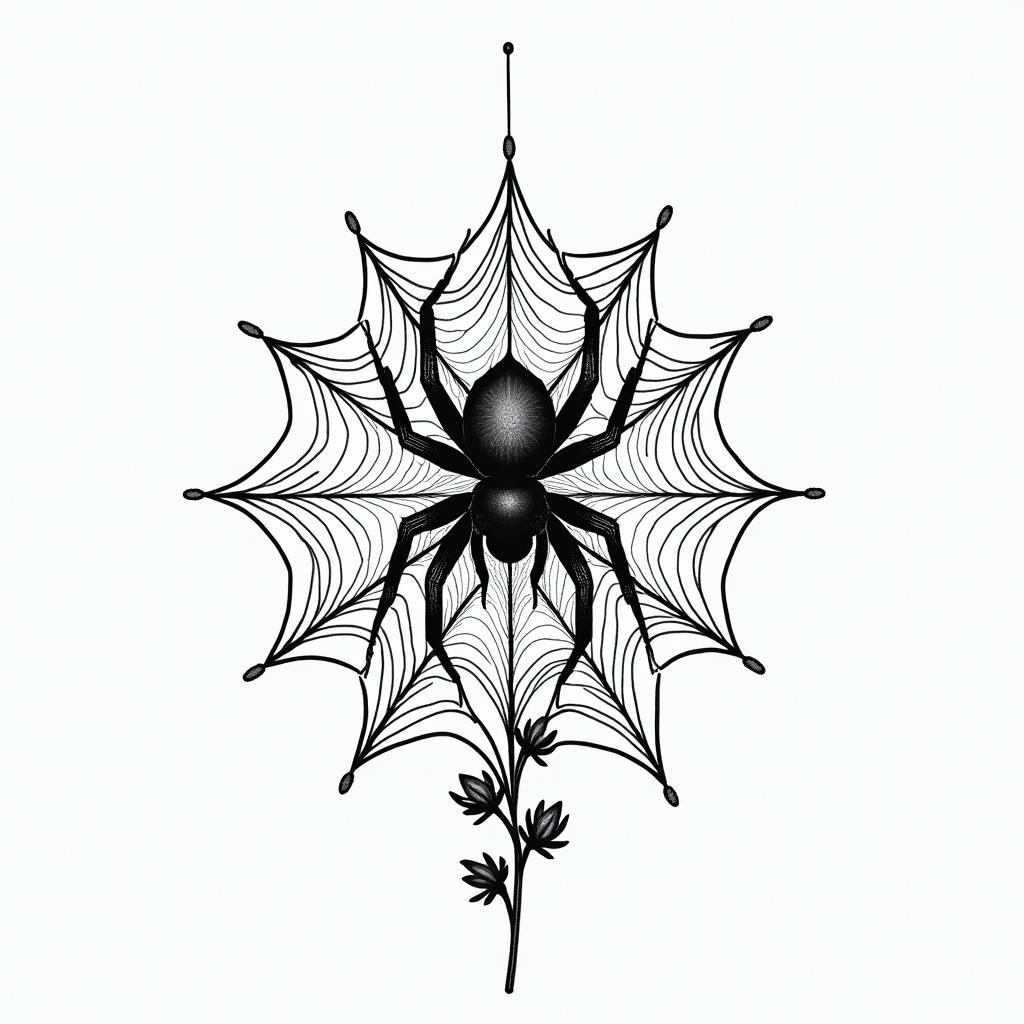 Small spider on web with flowers with stemin dotwork style tattoo, complex mandala patterns, interlocking geometric shapes with sharp symmetry, clean lines, sharp angles - Variation 14
