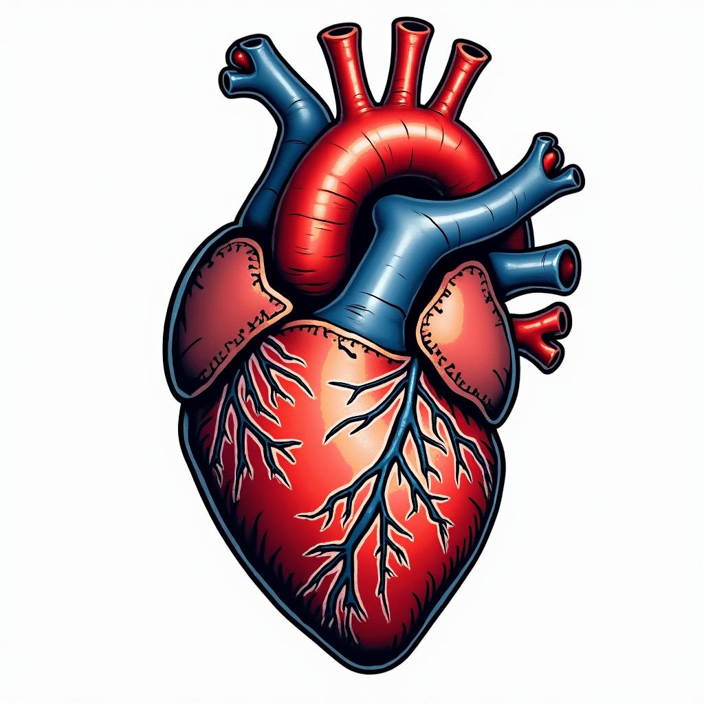 Anatomical heartin pop art style tattoo, featuring bold and vibrant colors, exaggerated outlines, iconic imagery, inspired by comic books and speech bubbles, comic book characters, retro pop culture - Variation 4