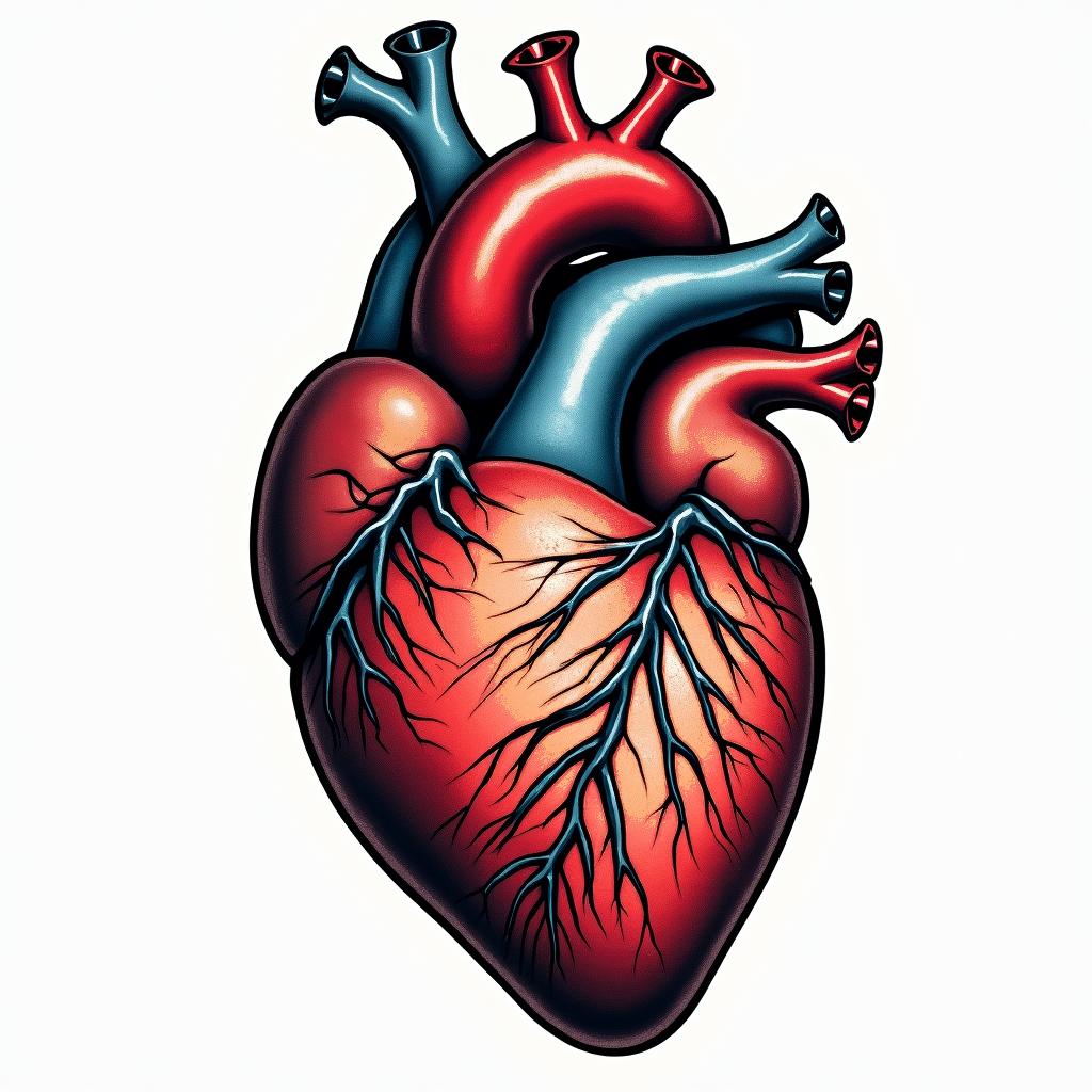 Anatomical heartin pop art style tattoo, featuring bold and vibrant colors, exaggerated outlines, iconic imagery, inspired by comic books and speech bubbles, comic book characters, retro pop culture - Variation 3