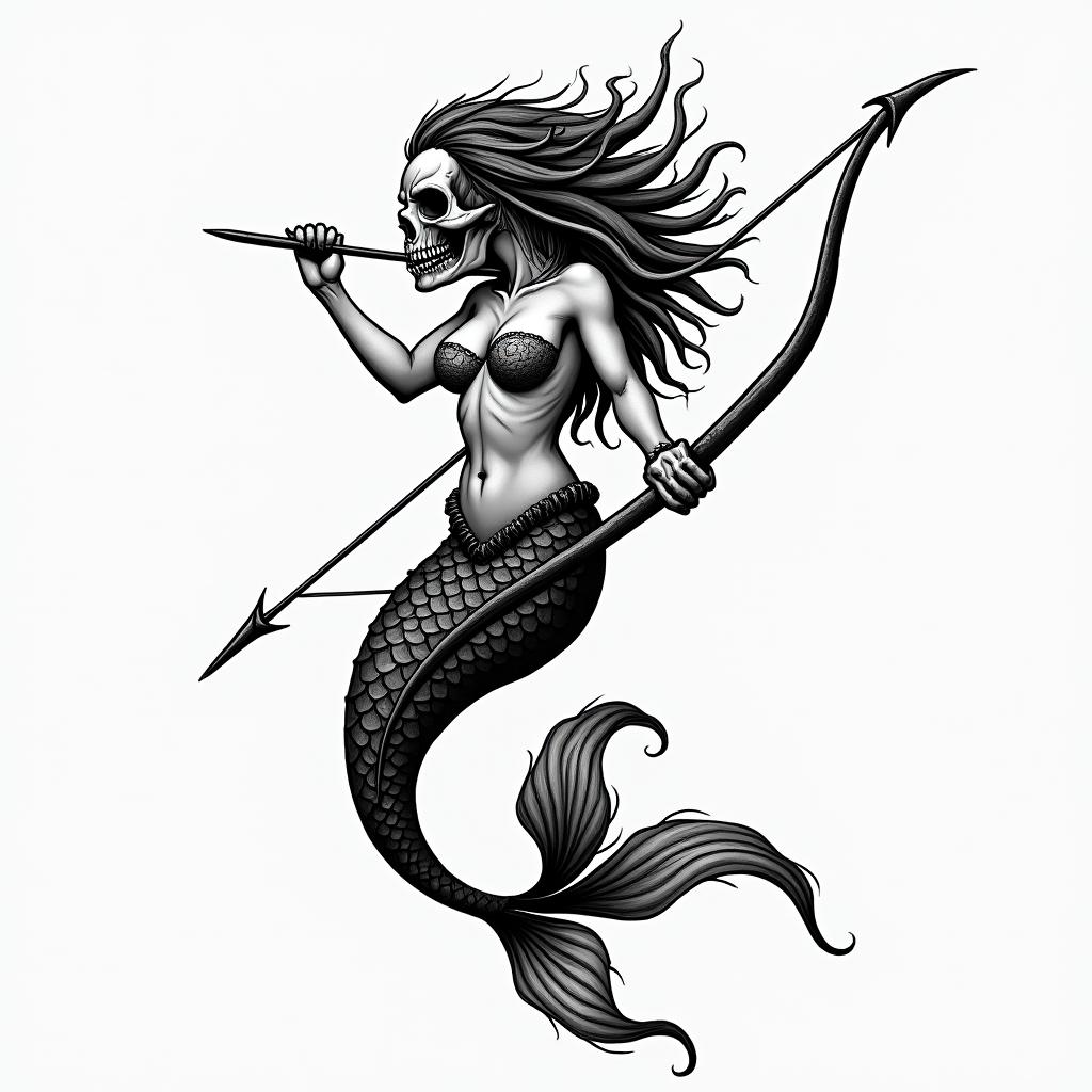 Traditional mermaid with bow and arrowcreepy horror tattoo style, featuring an eerie and unsettling skull of a demonic creature, distorted face with sharp fangs, add pentagram symbol - Variation 1