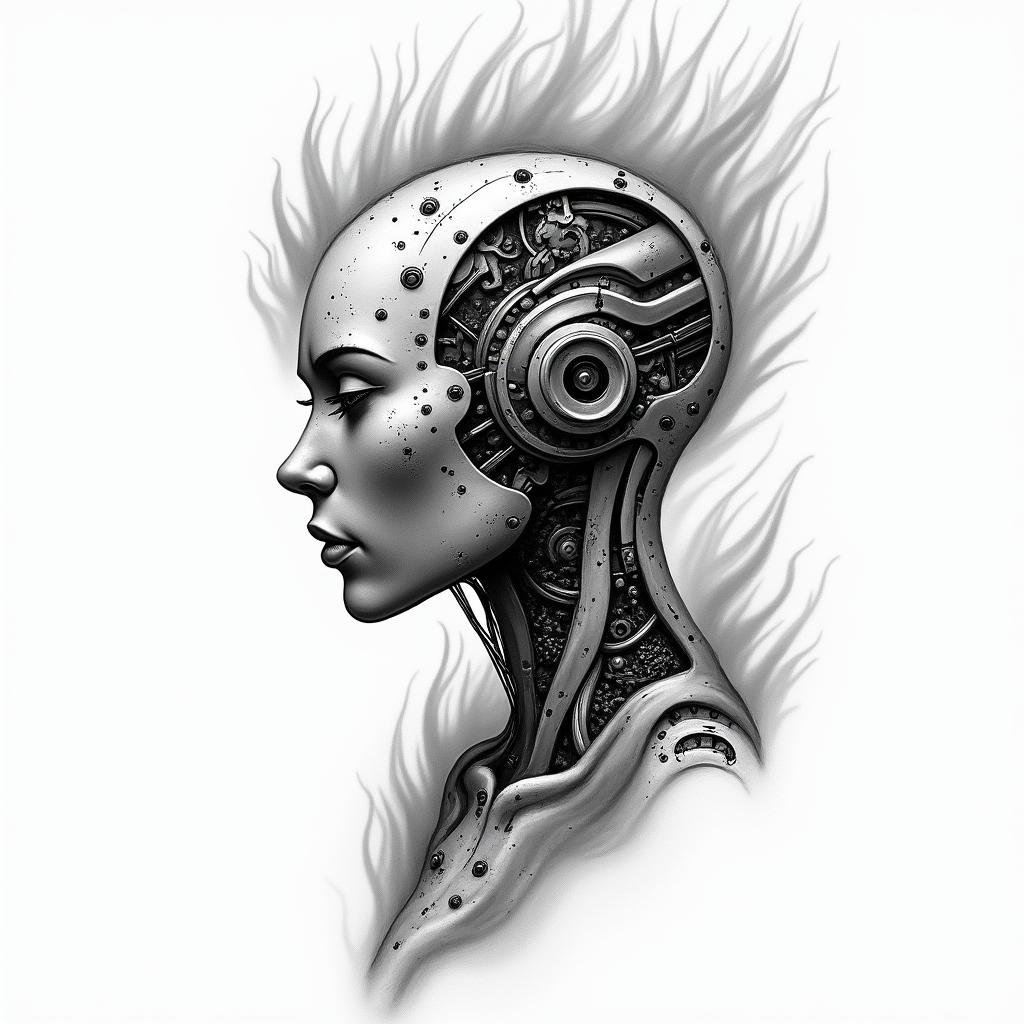 Flame outline backgroundtattoo in biomechanic style, the tattoo covered by robotic elements of futuristic cyberpunk design, robotic features detail, showcasing intricate mechanical components - Variation 3