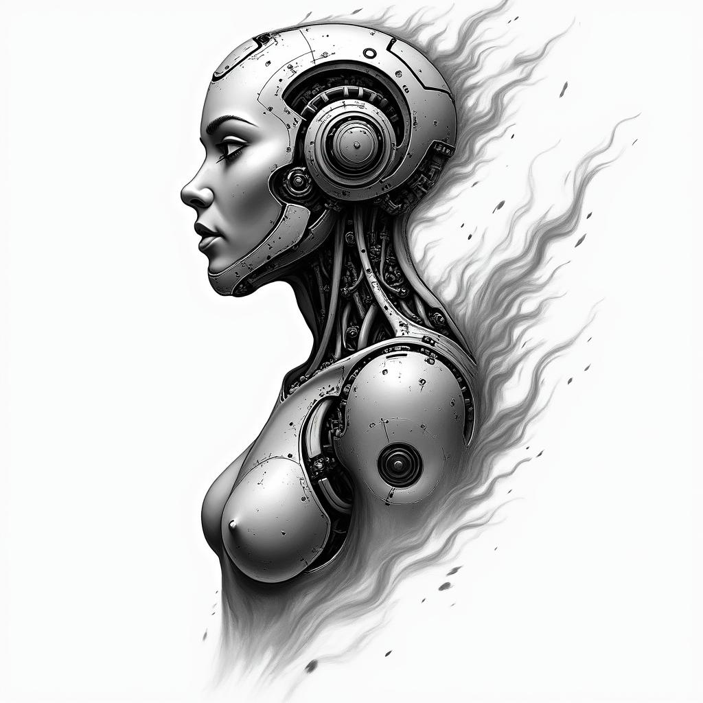 Flame outline backgroundtattoo in biomechanic style, the tattoo covered by robotic elements of futuristic cyberpunk design, robotic features detail, showcasing intricate mechanical components - Variation 4