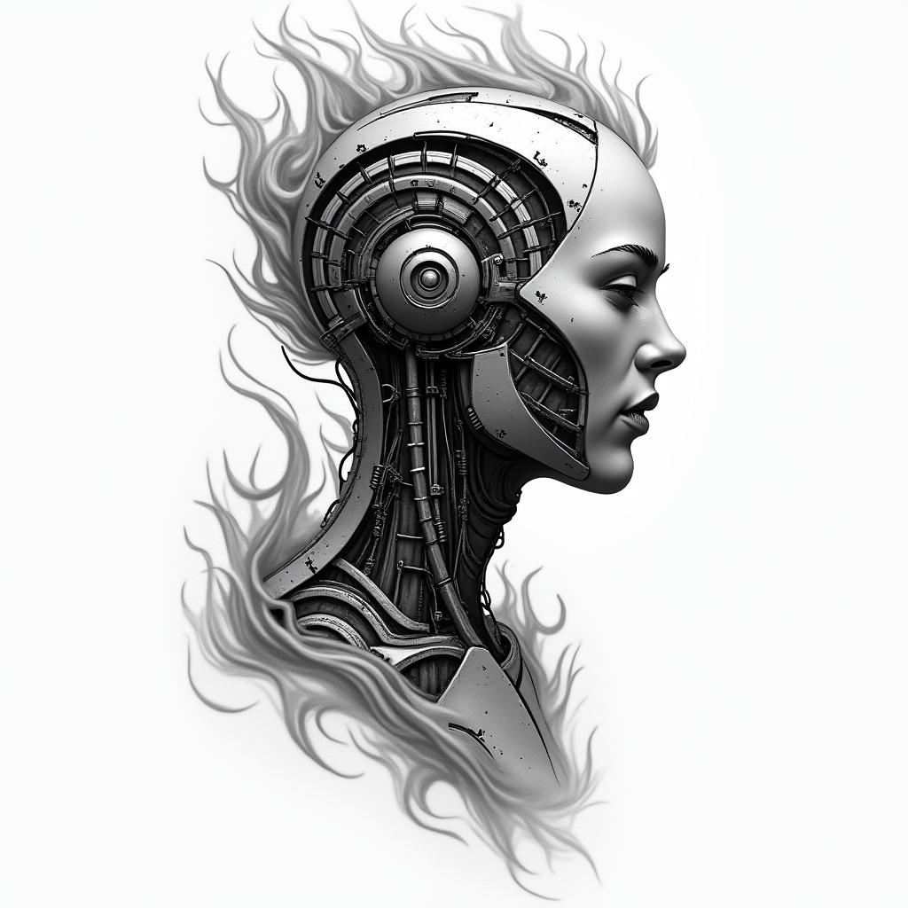 Flame outline backgroundtattoo in biomechanic style, the tattoo covered by robotic elements of futuristic cyberpunk design, robotic features detail, showcasing intricate mechanical components - Variation 2