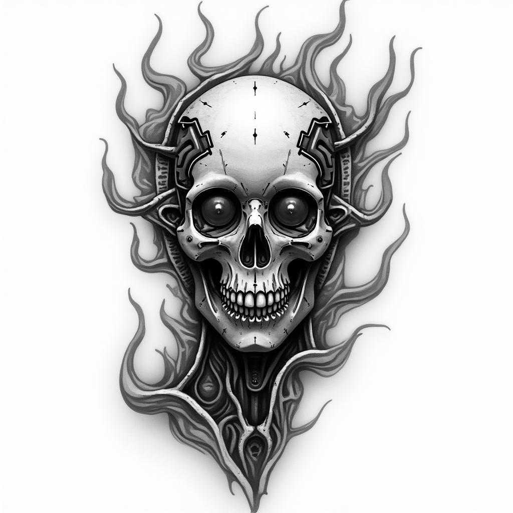 Flame outline backgroundtattoo in biomechanic style, the tattoo covered by robotic elements of futuristic cyberpunk design, robotic features detail, showcasing intricate mechanical components