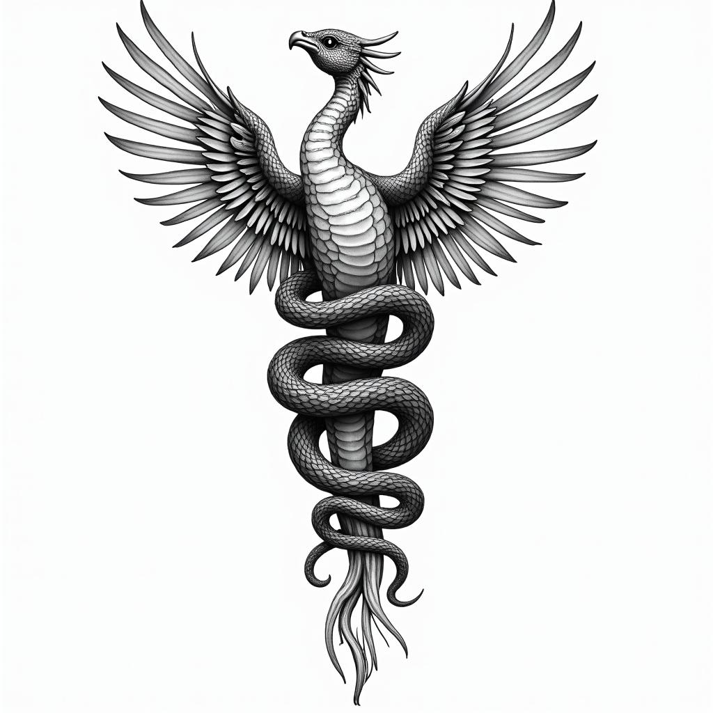 Medical snakes wrapped around phoenixin new school tattoo, pop culture, modern, detailed tattoo, illustrative - Variation 8