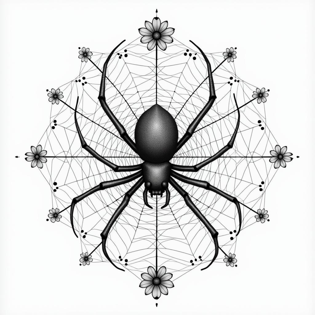 Small spider on web with flowers with stemin dotwork style tattoo, complex mandala patterns, interlocking geometric shapes with sharp symmetry, clean lines, sharp angles - Variation 10