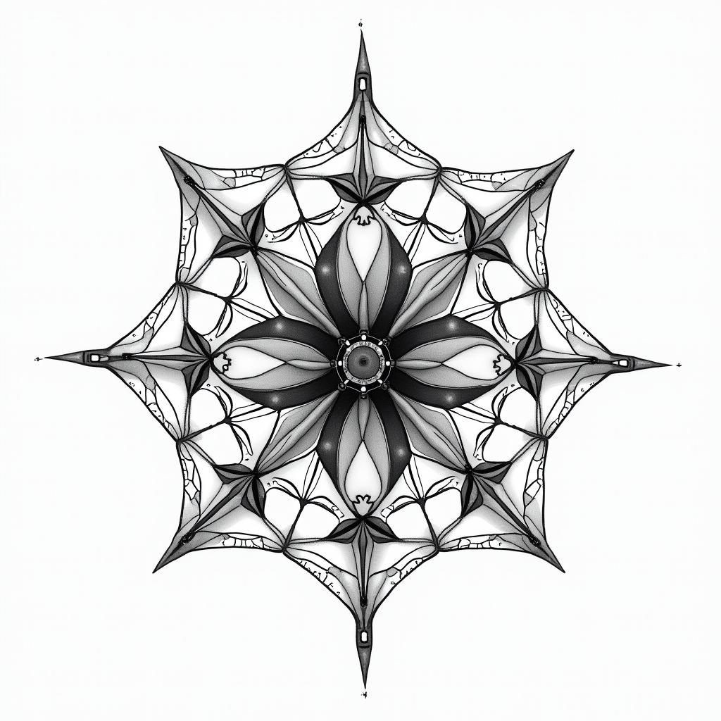 Small spider on web with flowers with stemin dotwork style tattoo, complex mandala patterns, interlocking geometric shapes with sharp symmetry, clean lines, sharp angles - Variation 11