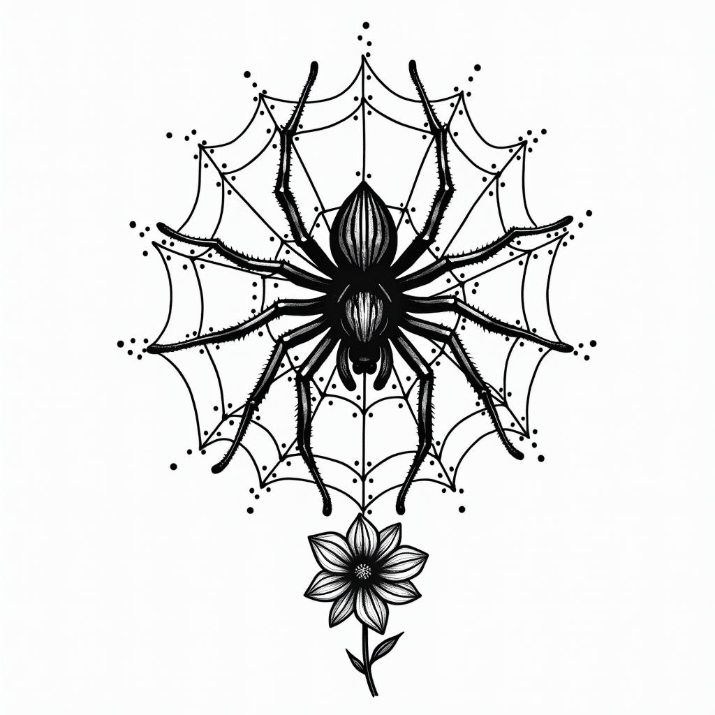 Small spider on web with flowers with stemin dotwork style tattoo, complex mandala patterns, interlocking geometric shapes with sharp symmetry, clean lines, sharp angles - Variation 9