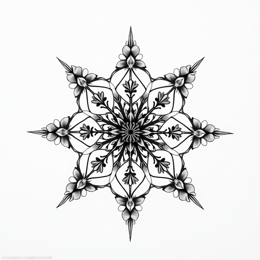 Small spider on web with flowers with stemin dotwork style tattoo, complex mandala patterns, interlocking geometric shapes with sharp symmetry, clean lines, sharp angles - Variation 12