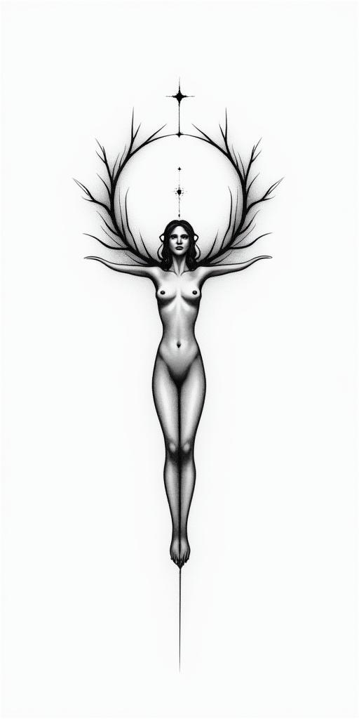 Freya, cancer star sign, mother, artistin minimalist style tattoo, featuring simple shapes and fine lines, with minimal shading and details, tiny triangles, creating a sense of balance and harmony - Variation 3