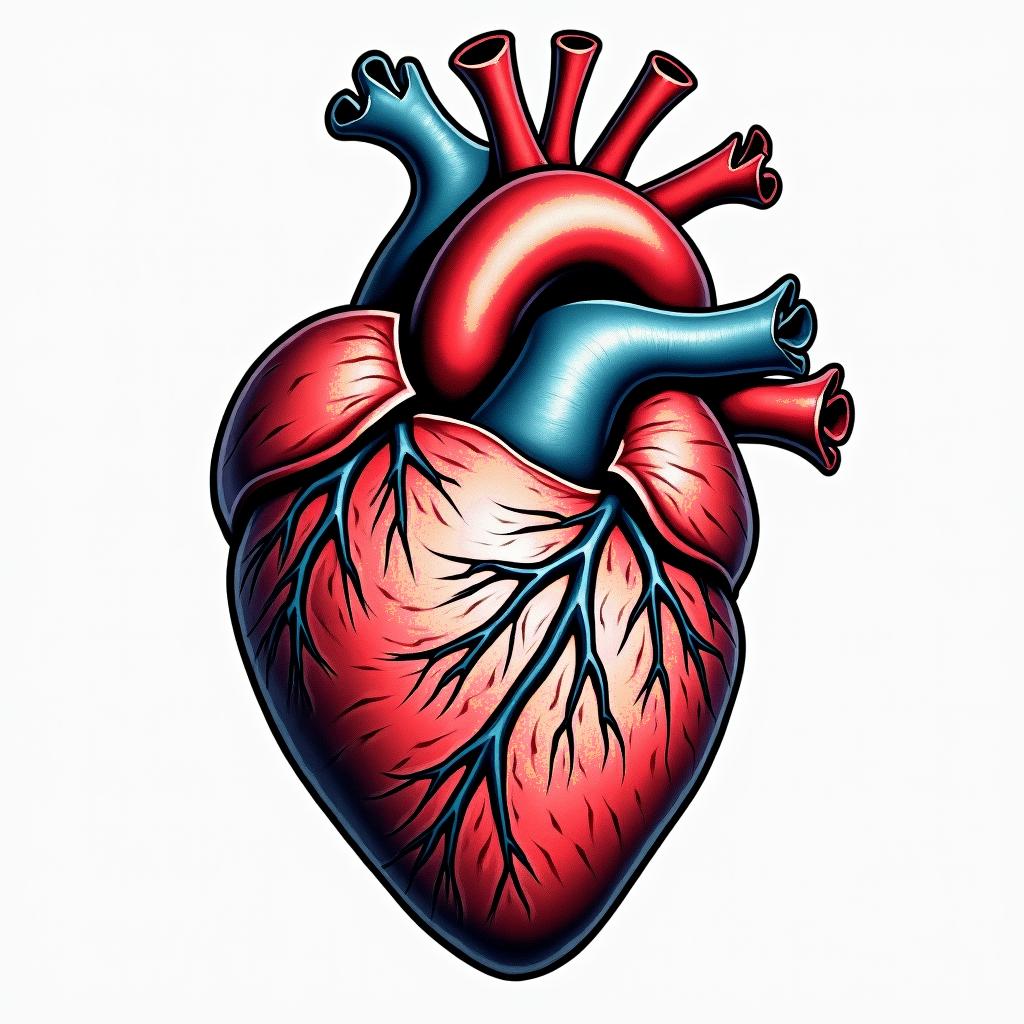 Detailed human heartin pop art style tattoo, featuring bold and vibrant colors, exaggerated outlines, iconic imagery, inspired by comic books and speech bubbles, comic book characters, retro pop culture - Variation 4