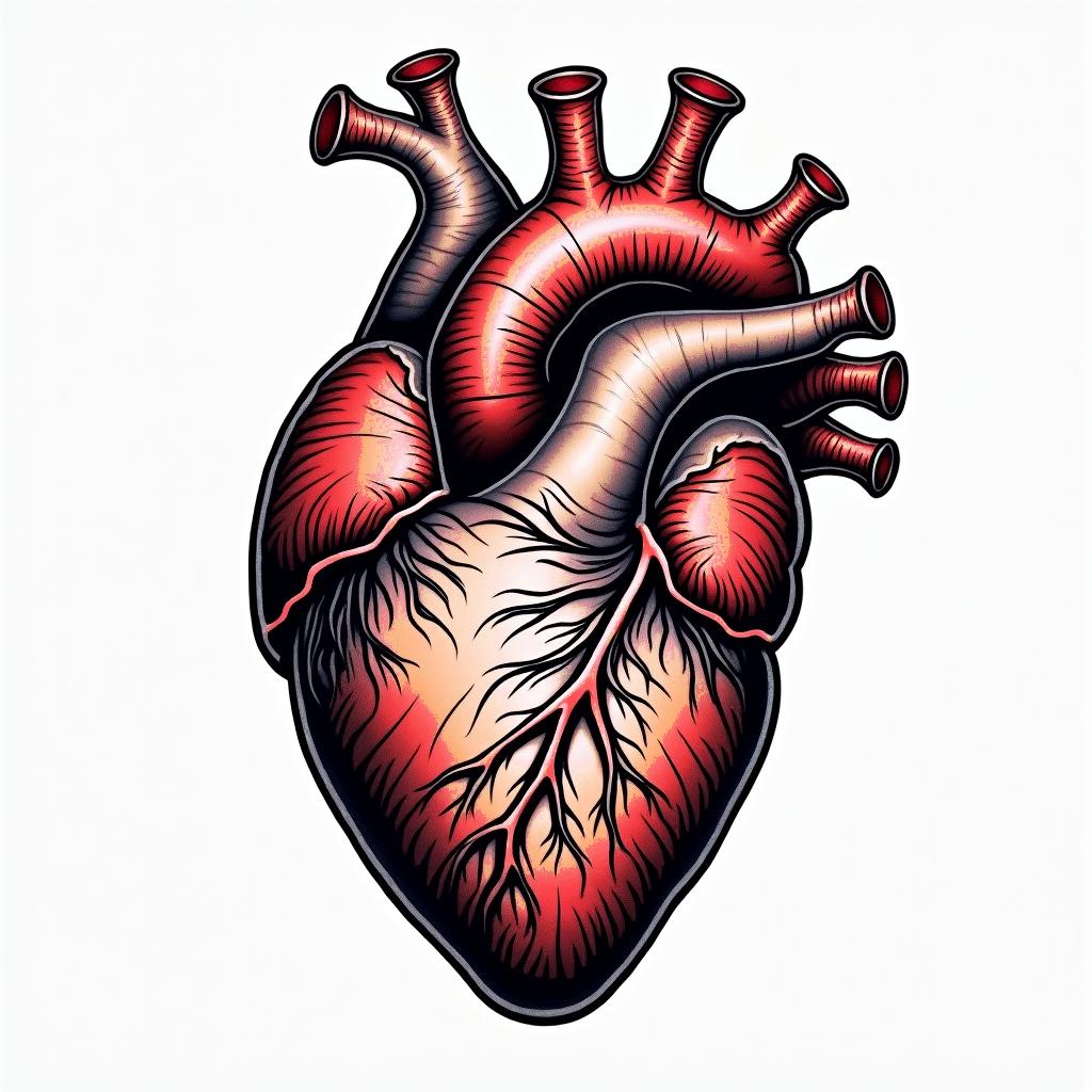 Detailed human heartin pop art style tattoo, featuring bold and vibrant colors, exaggerated outlines, iconic imagery, inspired by comic books and speech bubbles, comic book characters, retro pop culture - Variation 2