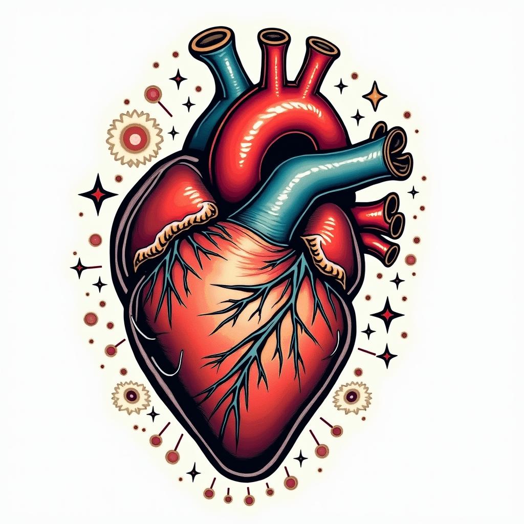 Detailed human heartin pop art style tattoo, featuring bold and vibrant colors, exaggerated outlines, iconic imagery, inspired by comic books and speech bubbles, comic book characters, retro pop culture - Variation 3