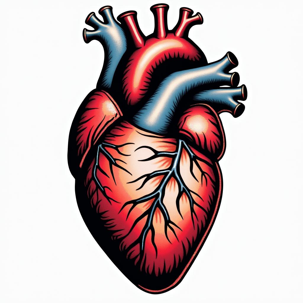 Detailed human heartin pop art style tattoo, featuring bold and vibrant colors, exaggerated outlines, iconic imagery, inspired by comic books and speech bubbles, comic book characters, retro pop culture