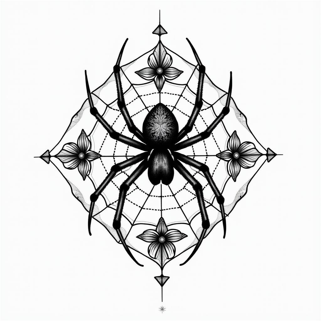 Small spider on web with flowers with stemin dotwork style tattoo, complex mandala patterns, interlocking geometric shapes with sharp symmetry, clean lines, sharp angles - Variation 6