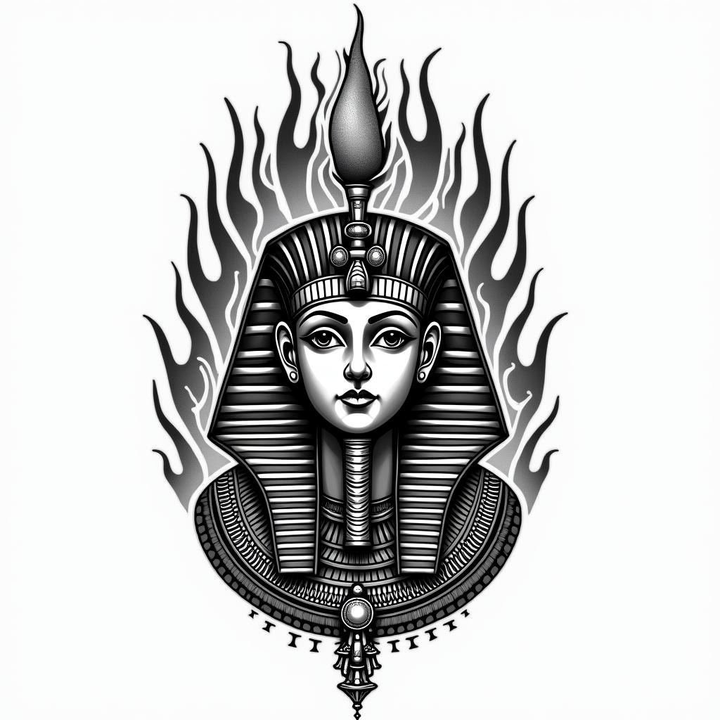 Flame outline backgroundin egyptian style tattoo, bold elements of ancient egyptian culture including a portrait of an Egyptian pharaoh with detailed facial features, in hieroglyphs and symbolic imagery, eye of horus, ankh symbol, scarab beetle - Variation 3