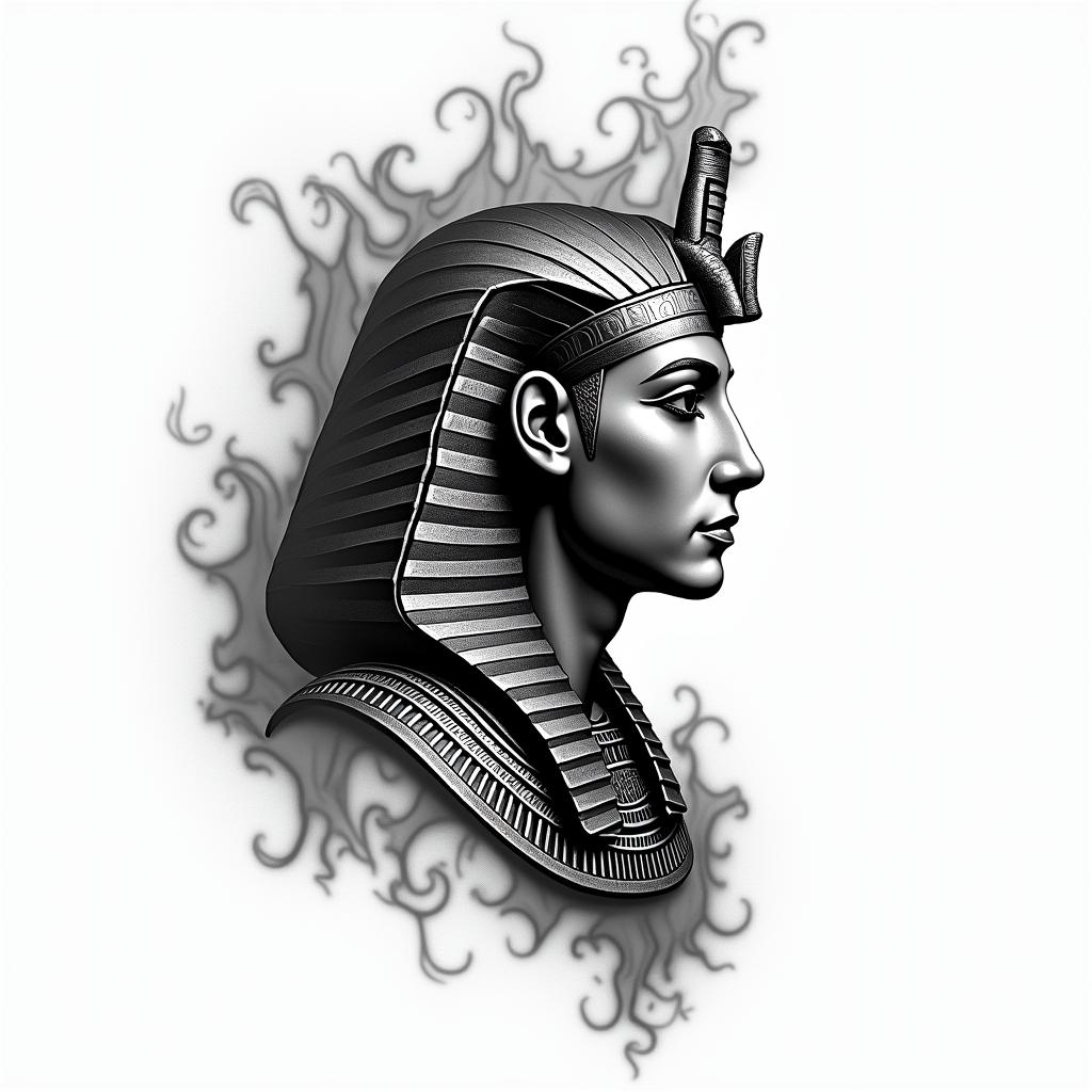 Flame outline backgroundin egyptian style tattoo, bold elements of ancient egyptian culture including a portrait of an Egyptian pharaoh with detailed facial features, in hieroglyphs and symbolic imagery, eye of horus, ankh symbol, scarab beetle - Variation 4