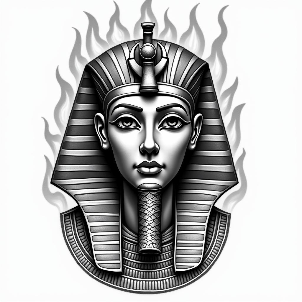 Flame outline backgroundin egyptian style tattoo, bold elements of ancient egyptian culture including a portrait of an Egyptian pharaoh with detailed facial features, in hieroglyphs and symbolic imagery, eye of horus, ankh symbol, scarab beetle - Variation 2