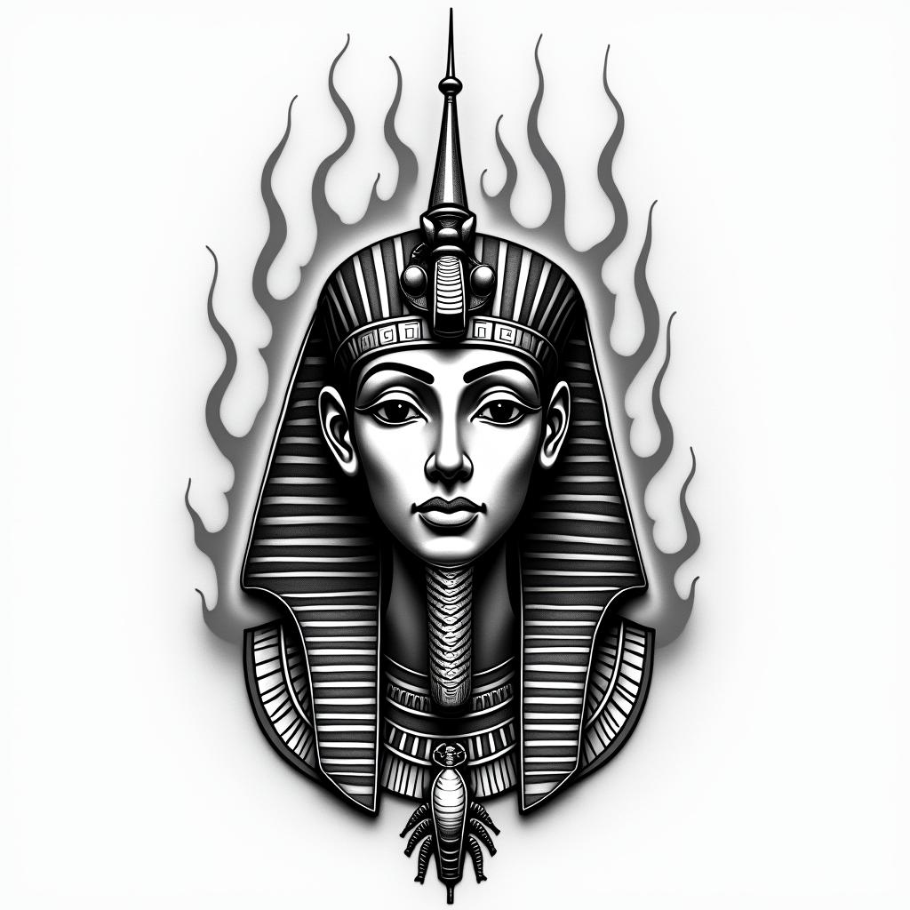 Flame outline backgroundin egyptian style tattoo, bold elements of ancient egyptian culture including a portrait of an Egyptian pharaoh with detailed facial features, in hieroglyphs and symbolic imagery, eye of horus, ankh symbol, scarab beetle - Variation 1
