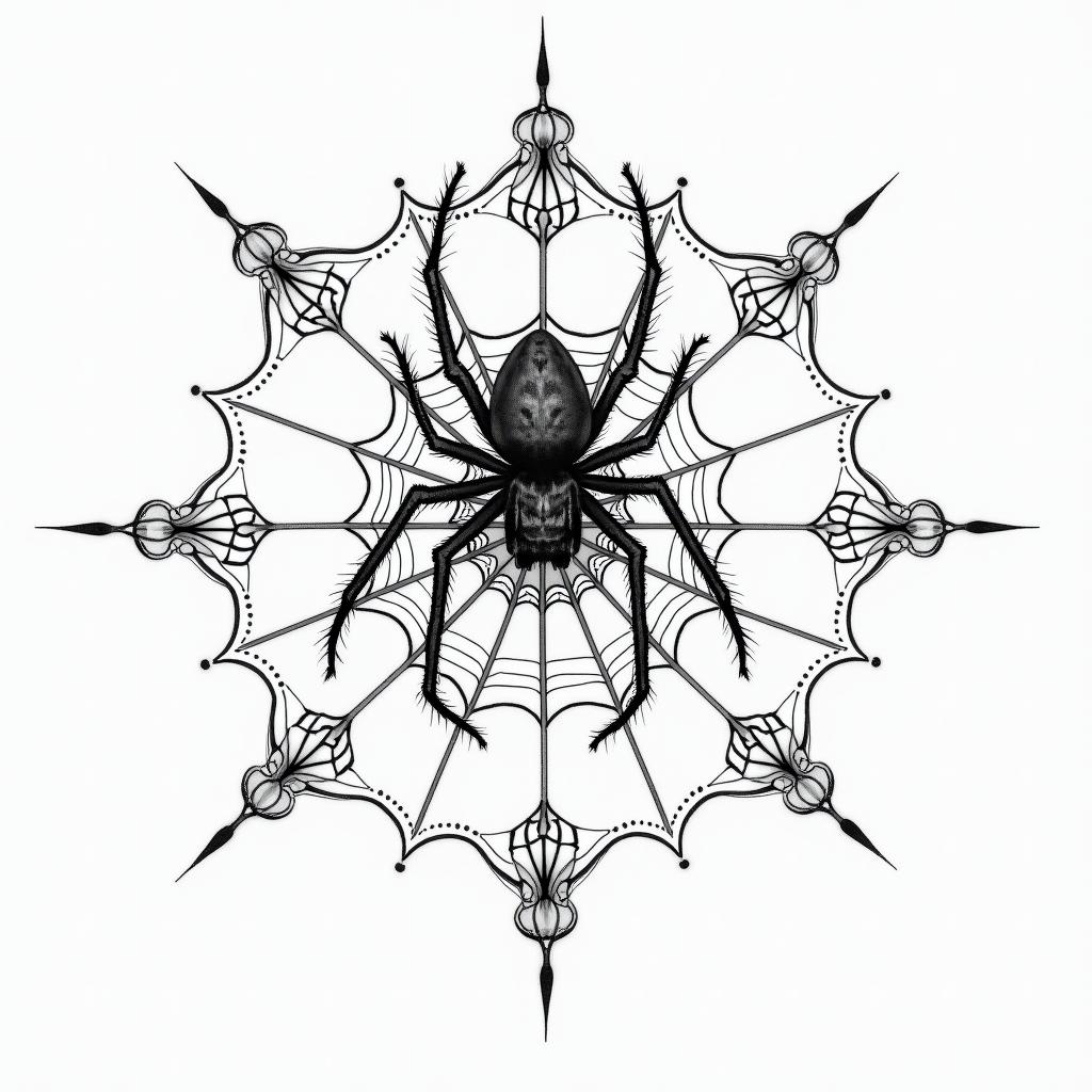 Small spider on web with flowers with stemin dotwork style tattoo, complex mandala patterns, interlocking geometric shapes with sharp symmetry, clean lines, sharp angles - Variation 3
