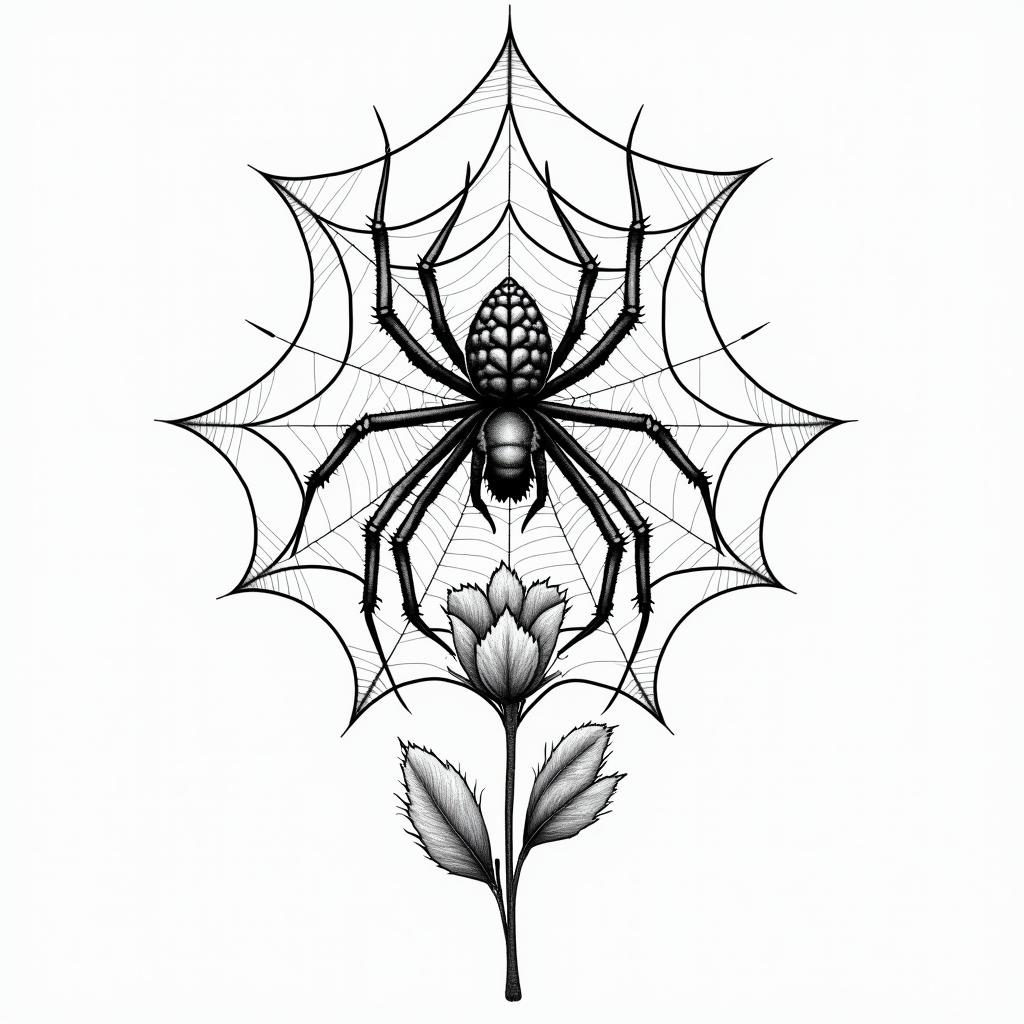 Small spider on web with flowers with stemin dotwork style tattoo, complex mandala patterns, interlocking geometric shapes with sharp symmetry, clean lines, sharp angles - Variation 2