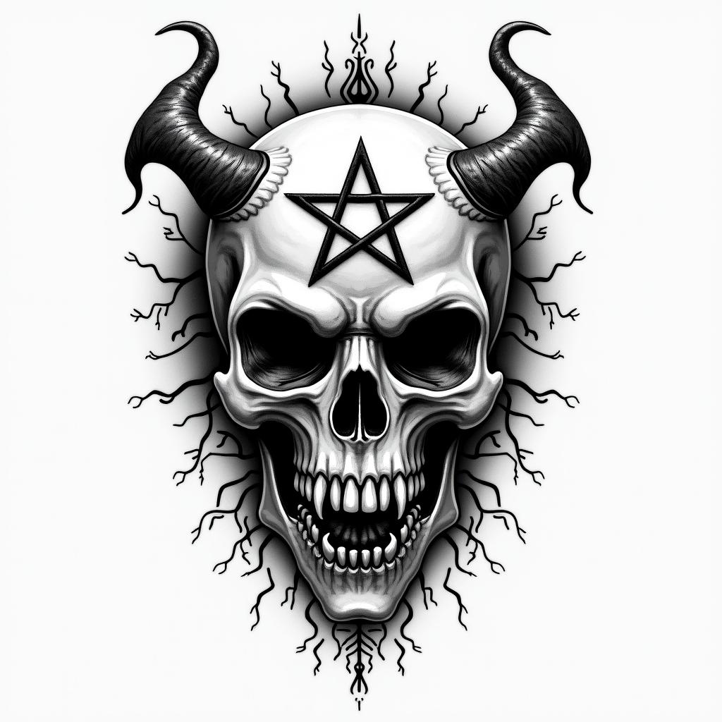 Santa Muertecreepy horror tattoo style, featuring an eerie and unsettling skull of a demonic creature, distorted face with sharp fangs, add pentagram symbol - Variation 3